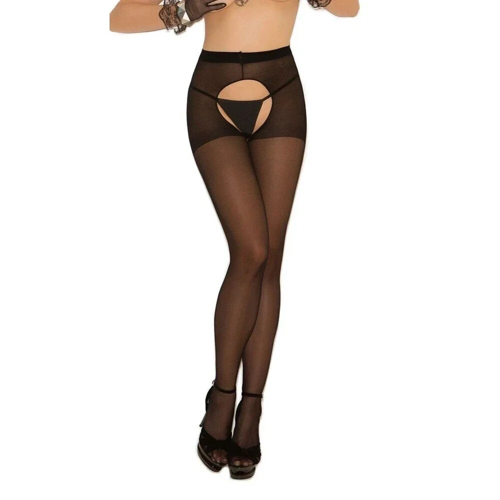 Elegant Moments Black Sheer Crotchless Pantyhose One Size Style 1726 NWT